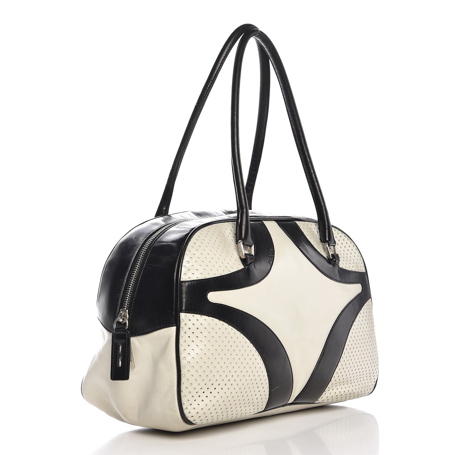 Prada Vitello Drive Perforated Bowling Bag Gesso Black 3 of 15