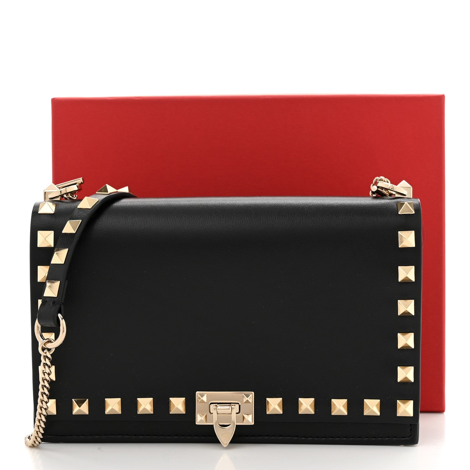 Valentino Garavani Vitello Rockstud Flip Lock Wallet On Chain Black 10 of 10