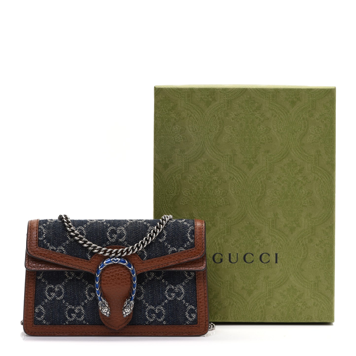 New Denim GG Monogram Dollar Calfskin Enamel Super Mini Dionysus Shoulder Bag Blue Tea Cuir Epilog Electric Blue