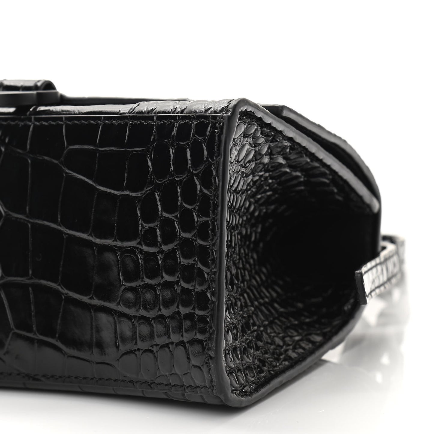 Shiny Calfskin Monochrome Crocodile Embossed Small Hourglass Top Handle Bag Black