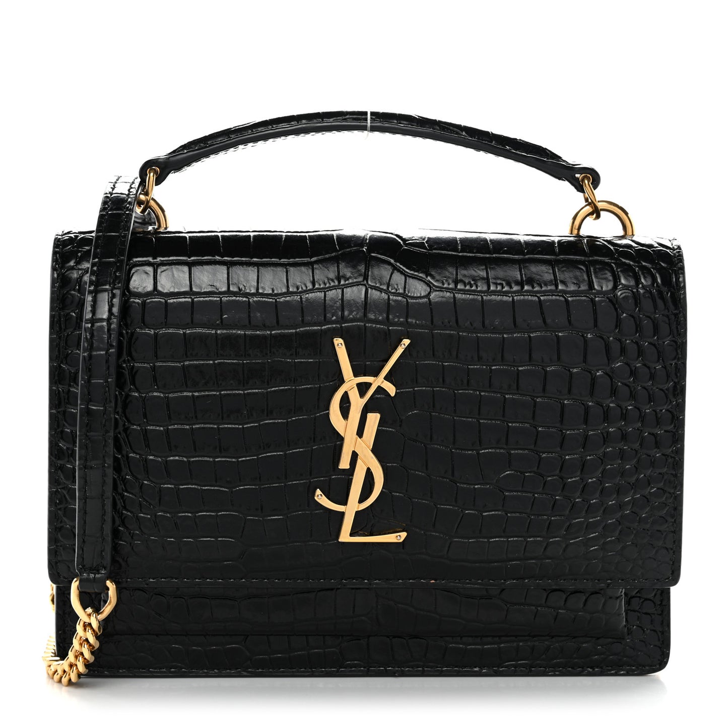 Calfskin Crocodile Embossed Monogram Sunset Top Handle Chain Wallet Black
