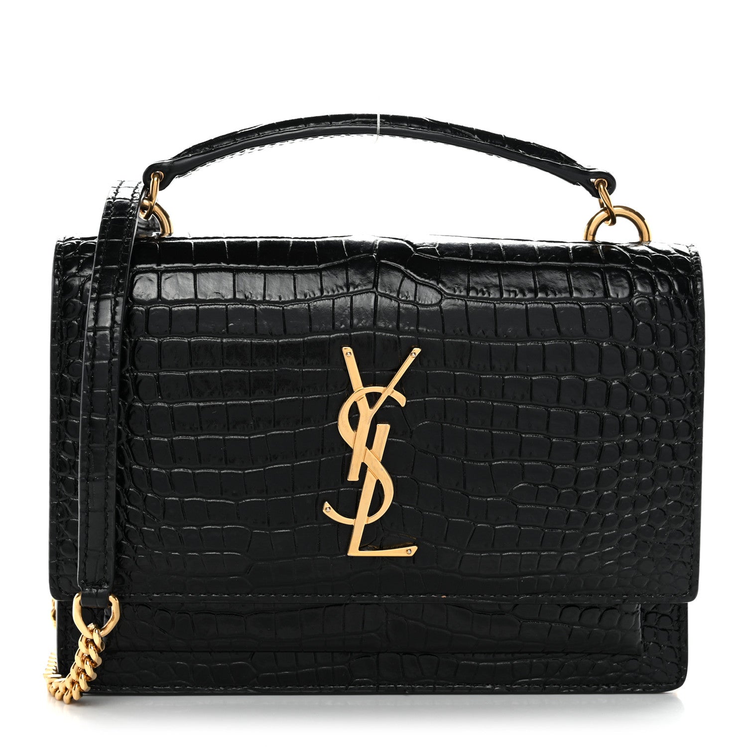 Saint Laurent Calfskin Crocodile Embossed Monogram Sunset Top Handle Chain Wallet Black 1 of 11