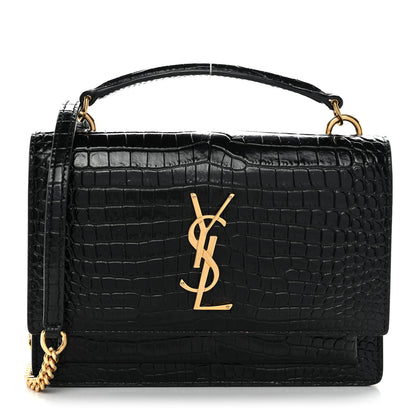 Saint Laurent Calfskin Crocodile Embossed Monogram Sunset Top Handle Chain Wallet Black 1 of 11