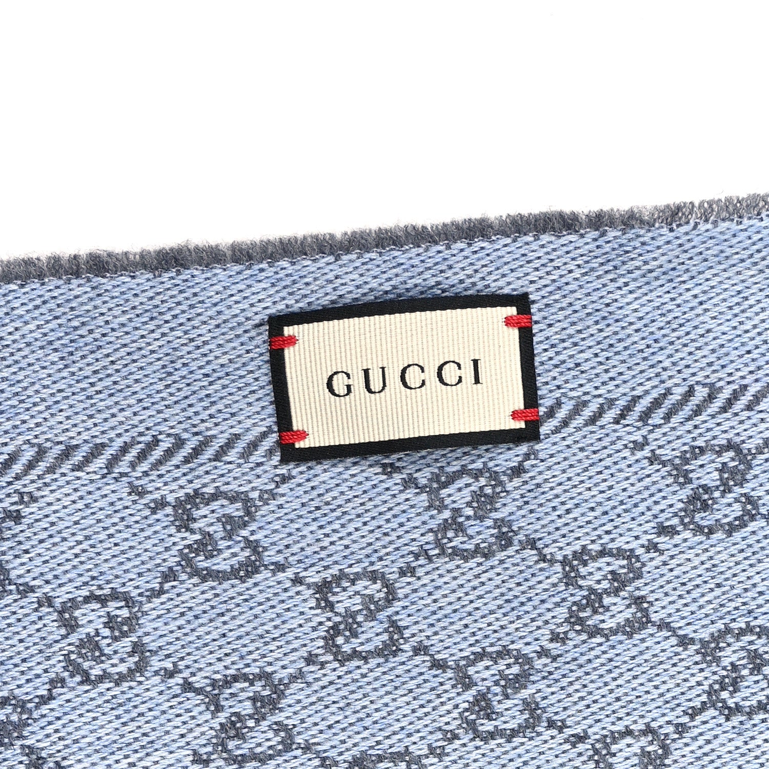 Gucci Wool GG Monogram Reversible New Sten Fringe Scarf Flannel Sky Blue 3 of 4