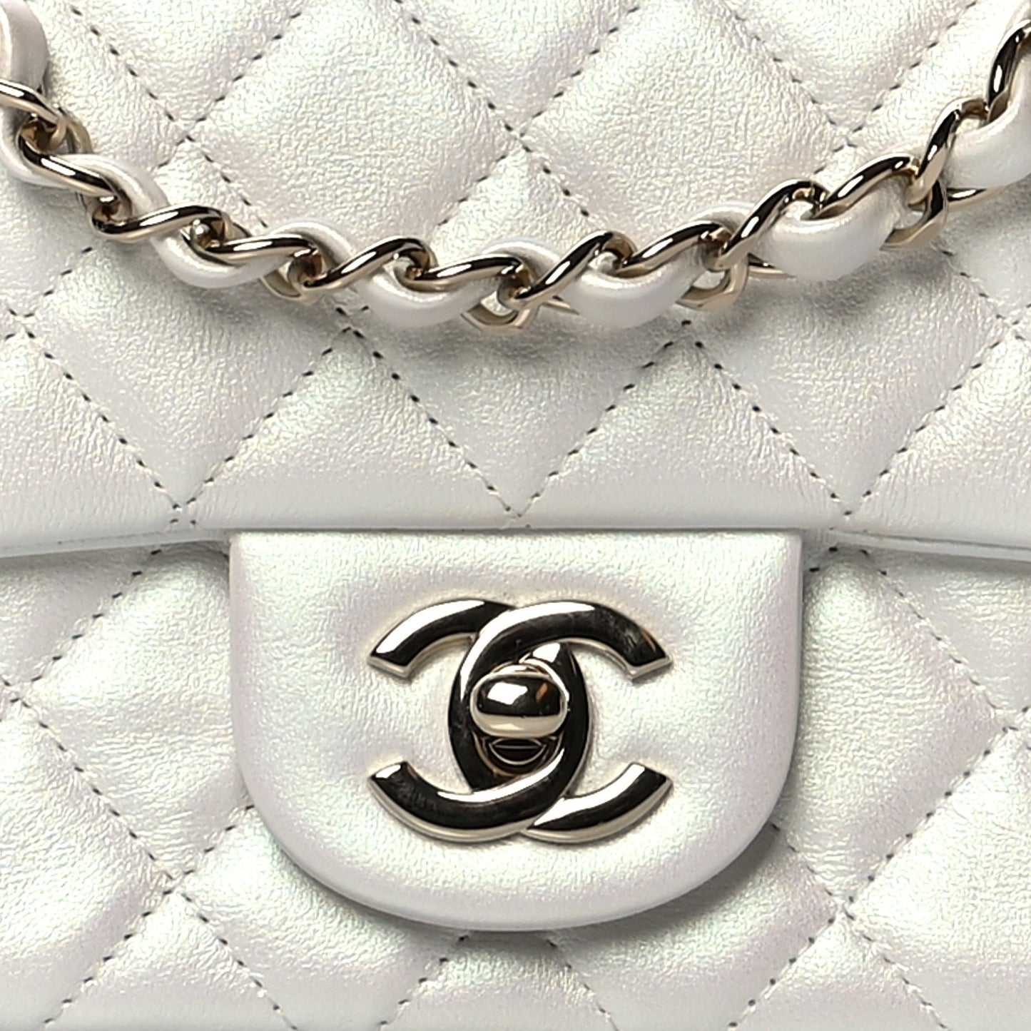 Iridescent Calfskin Quilted Mini Rectangular Flap White