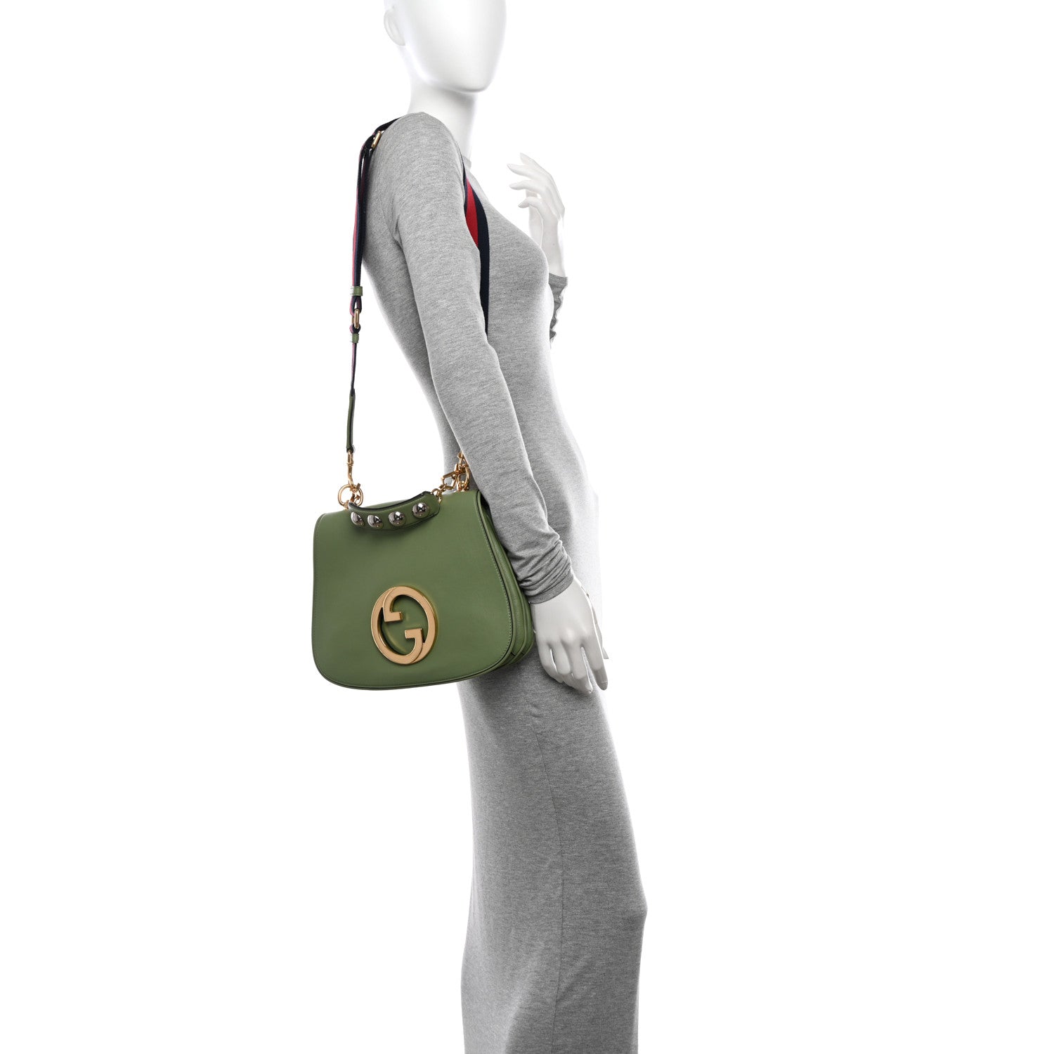 Gucci Roxy Calfskin Web Medium Blondie Top Handle Shoulder Flap Bag Salamander Green 2 of 12