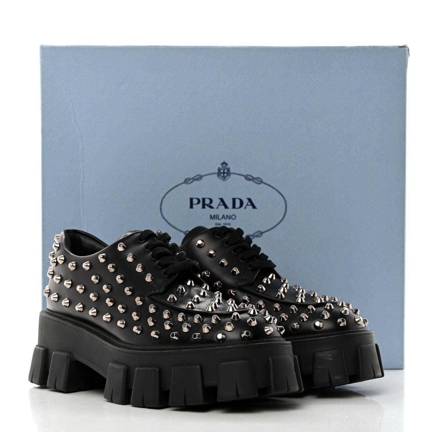 Prada Spazzolato Rois Studded Lace Up Monolith 55mm Derby Loafers