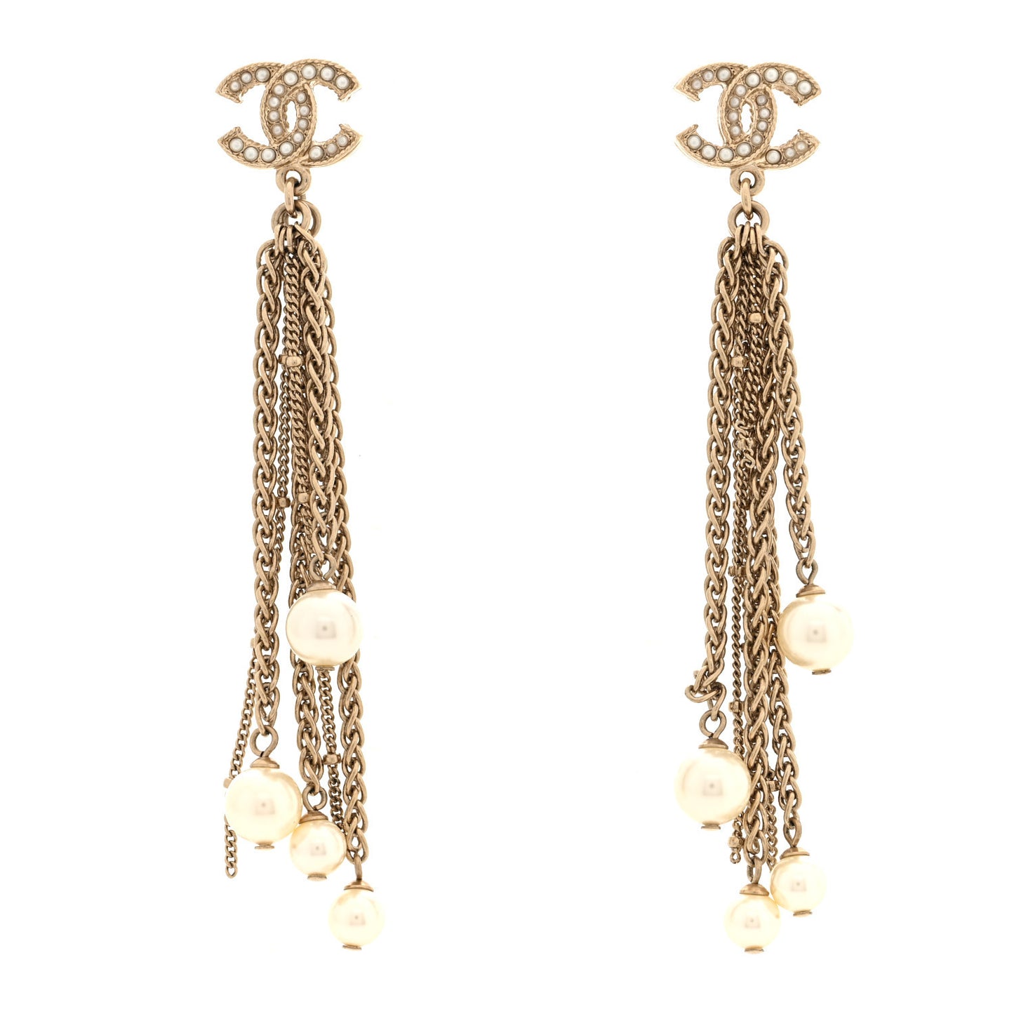 Chain Pearl CC Drop Earrings Light Gold