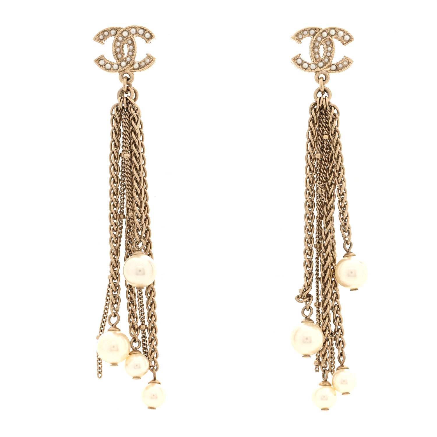 Chanel Chain Pearl CC Drop Earrings Light Gold 1 of 5
