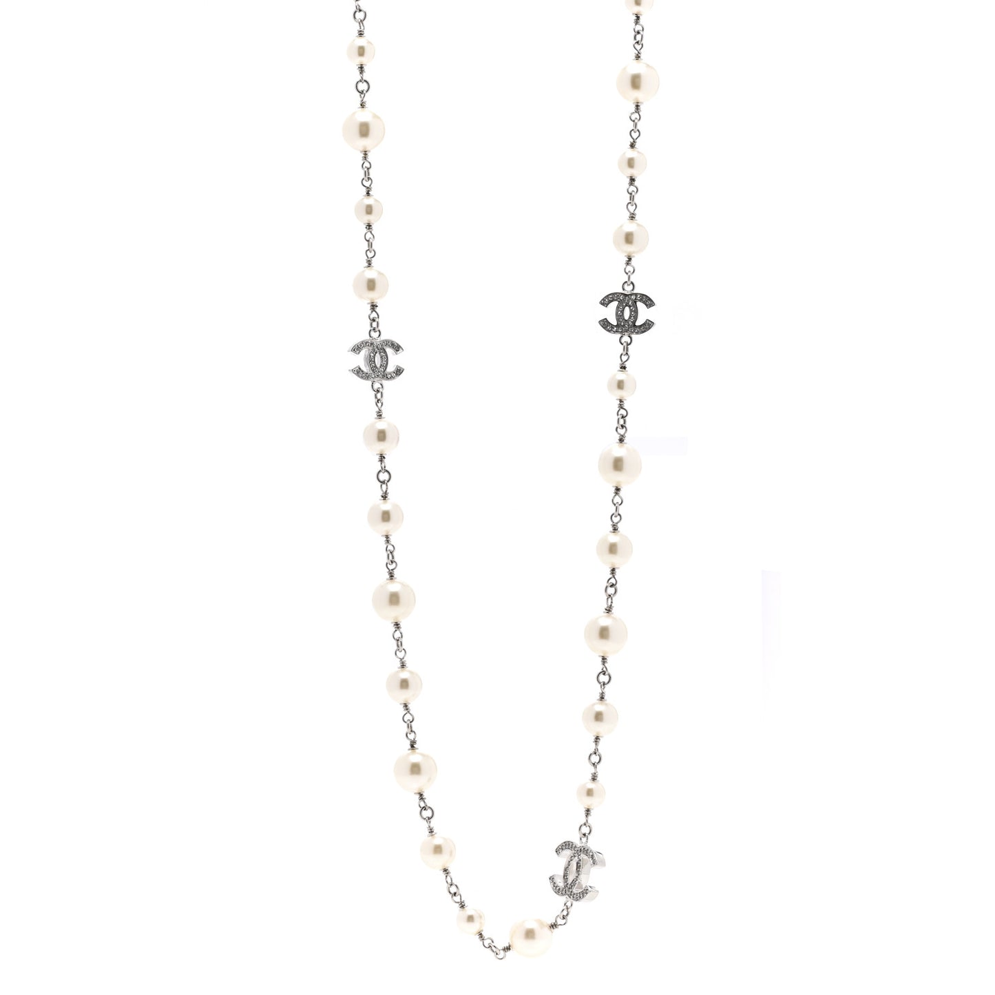 Graduated Pearl Crystal CC Long Necklace Silver