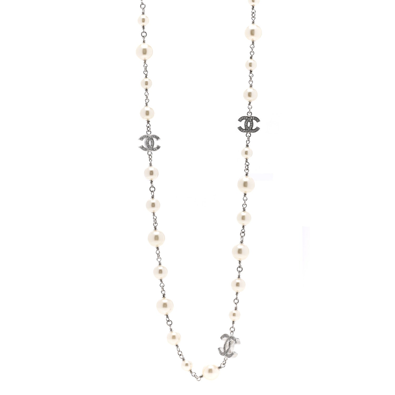 Chanel Graduated Pearl Crystal CC Long Necklace Silver 1 of 3