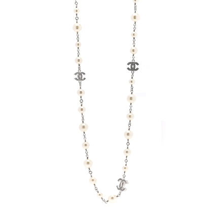 Chanel Graduated Pearl Crystal CC Long Necklace Silver 1 of 3