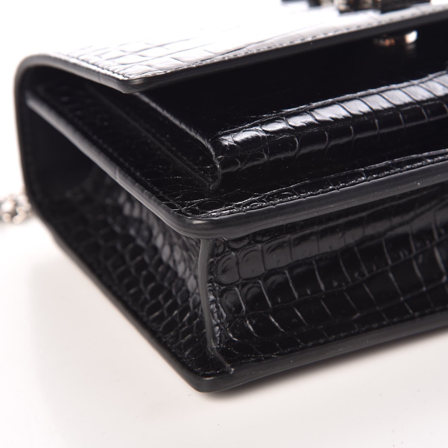 Saint Laurent Calfskin Crocodile Embossed Monogram Sunset Chain Wallet Black 10 of 11