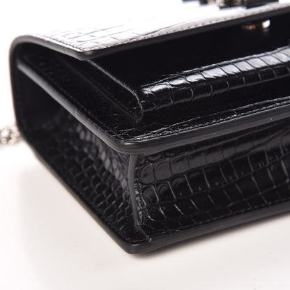 Saint Laurent Calfskin Crocodile Embossed Monogram Sunset Chain Wallet Black 10 of 11