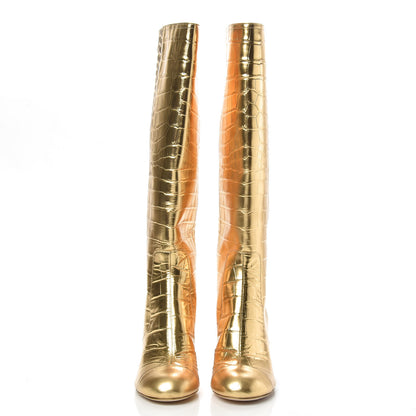 Chanel Calfskin Crocodile Embossed Cap Toe High Boots 37 Gold 2 of 9