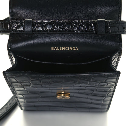 Balenciaga Shiny Calfskin Crocodile Embossed B Phone Holder Black 6 of 10
