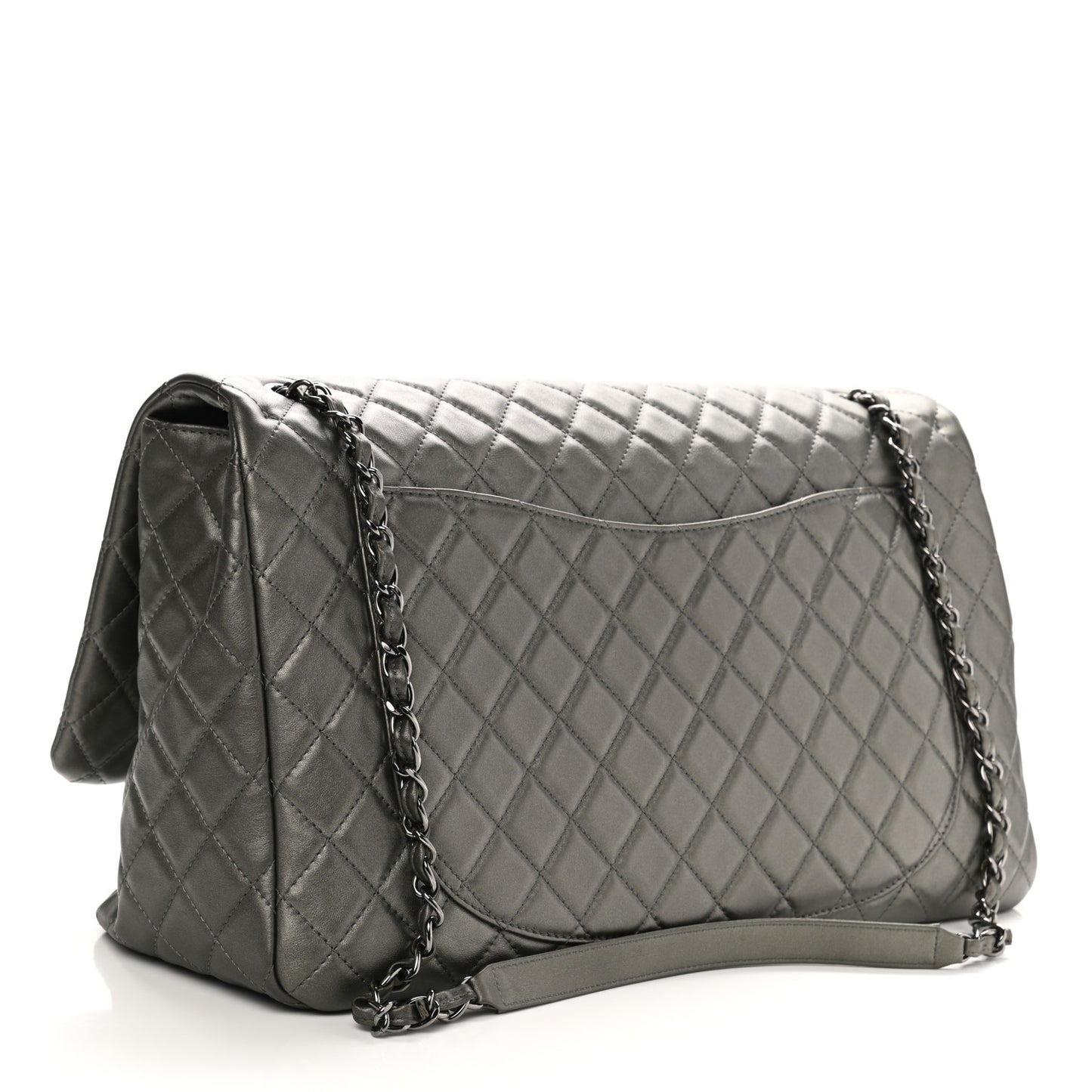 Metallic Calfskin Quilted XXL Travel Flap Bag Dark Silver