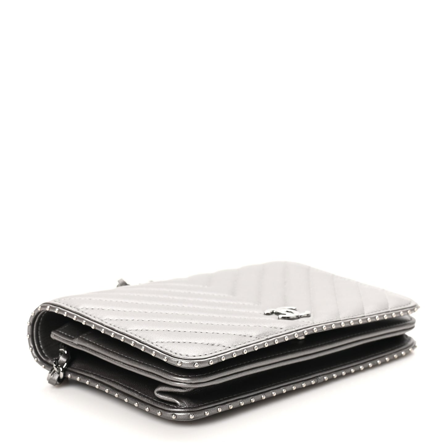 Lambskin Chevron Quilted Studded Wallet On Chain WOC Dark Silver