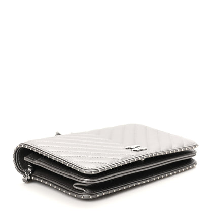 Chanel Lambskin Chevron Quilted Studded Wallet On Chain WOC Dark Silver 3 of 11