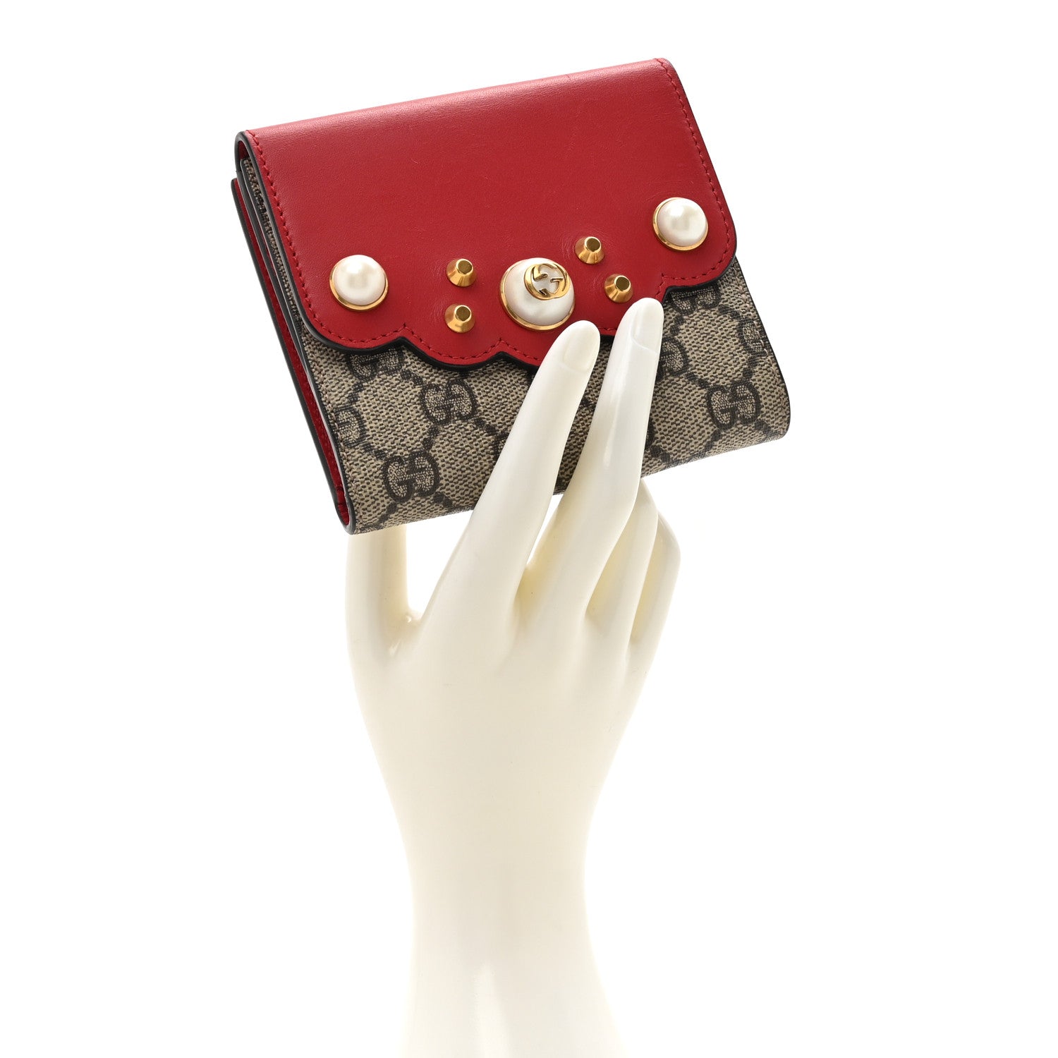 Gucci GG Supreme Monogram Pearl Studded French Wallet Beige Hibiscus Red 2 of 14