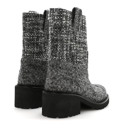 Chanel Wool Tweed CC Cap Toe Ankle Boots 38.5 Black Grey 5 of 8