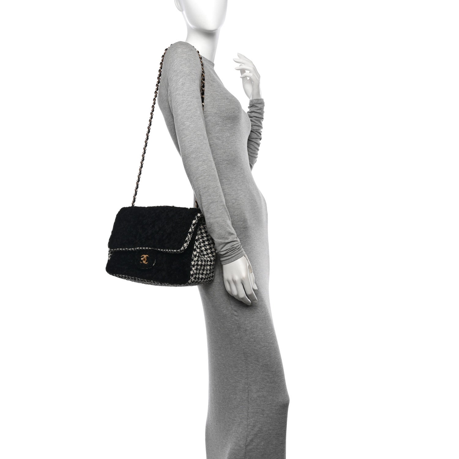 Chanel Shearling Tweed Jumbo Single Flap Black White 2 of 12