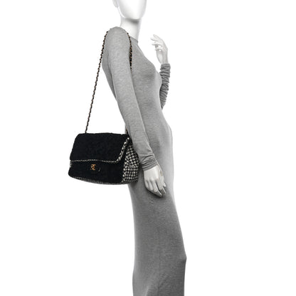 Chanel Shearling Tweed Jumbo Single Flap Black White 2 of 12