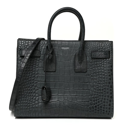 Saint Laurent Calfskin Crocodile Embossed Small Sac De Jour Dusty Black 1 of 18