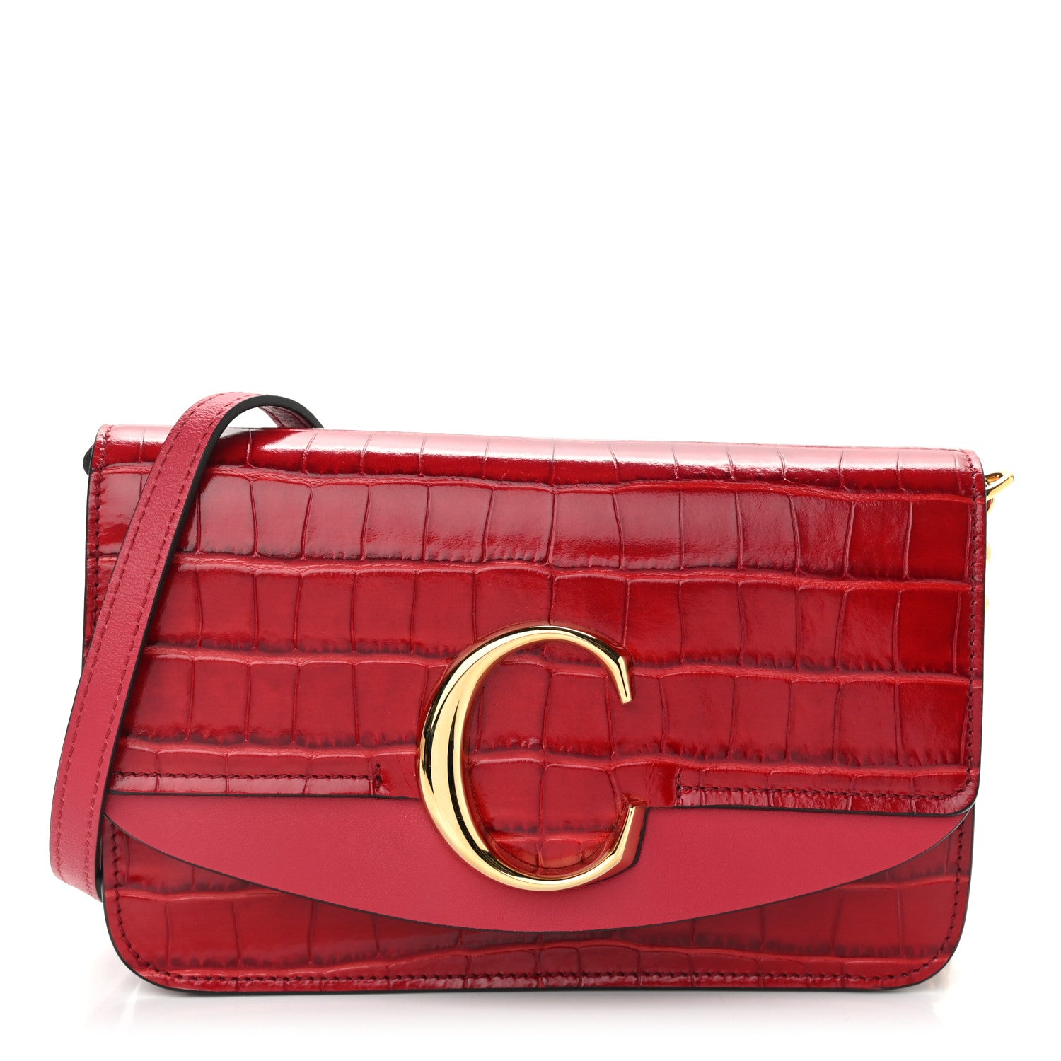 Chloe Calfskin Crocodile Embossed C Clutch With Chain Dusky Red 1 of 10