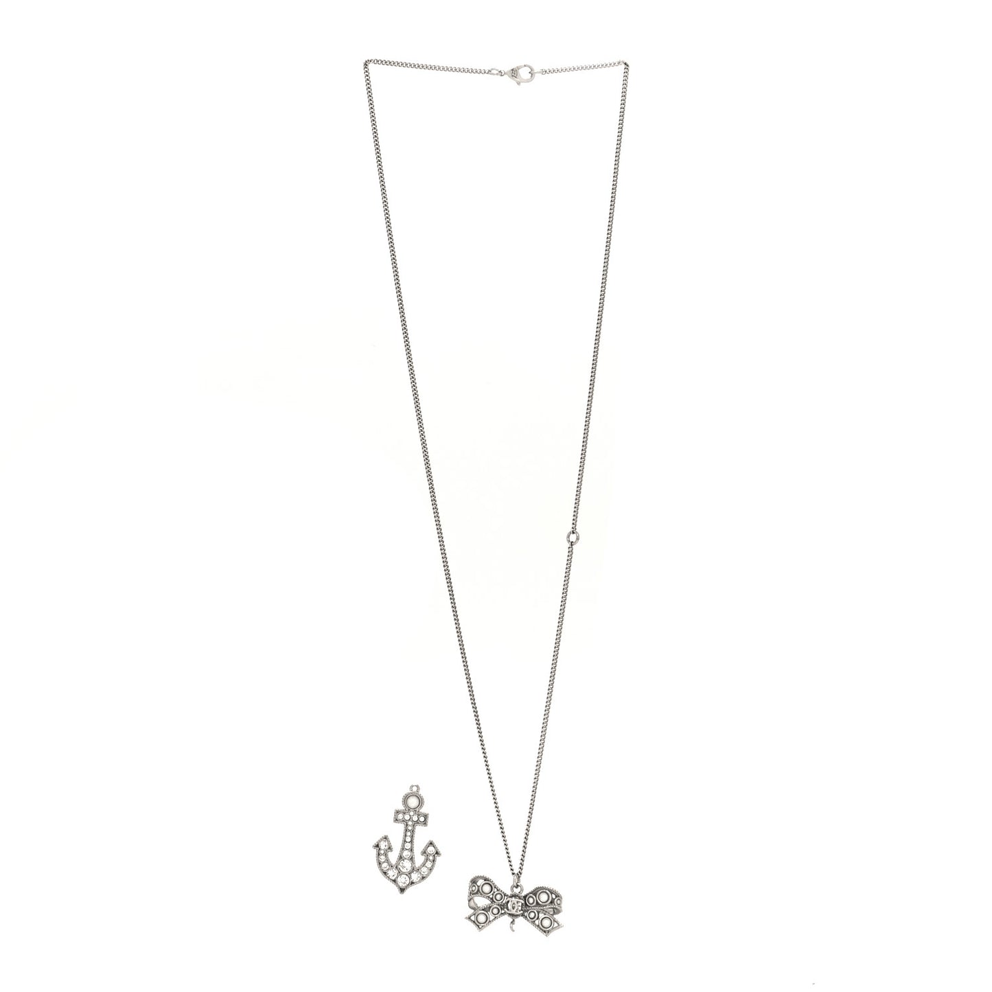 Crystal Pearl CC Bow Anchor Necklace Silver