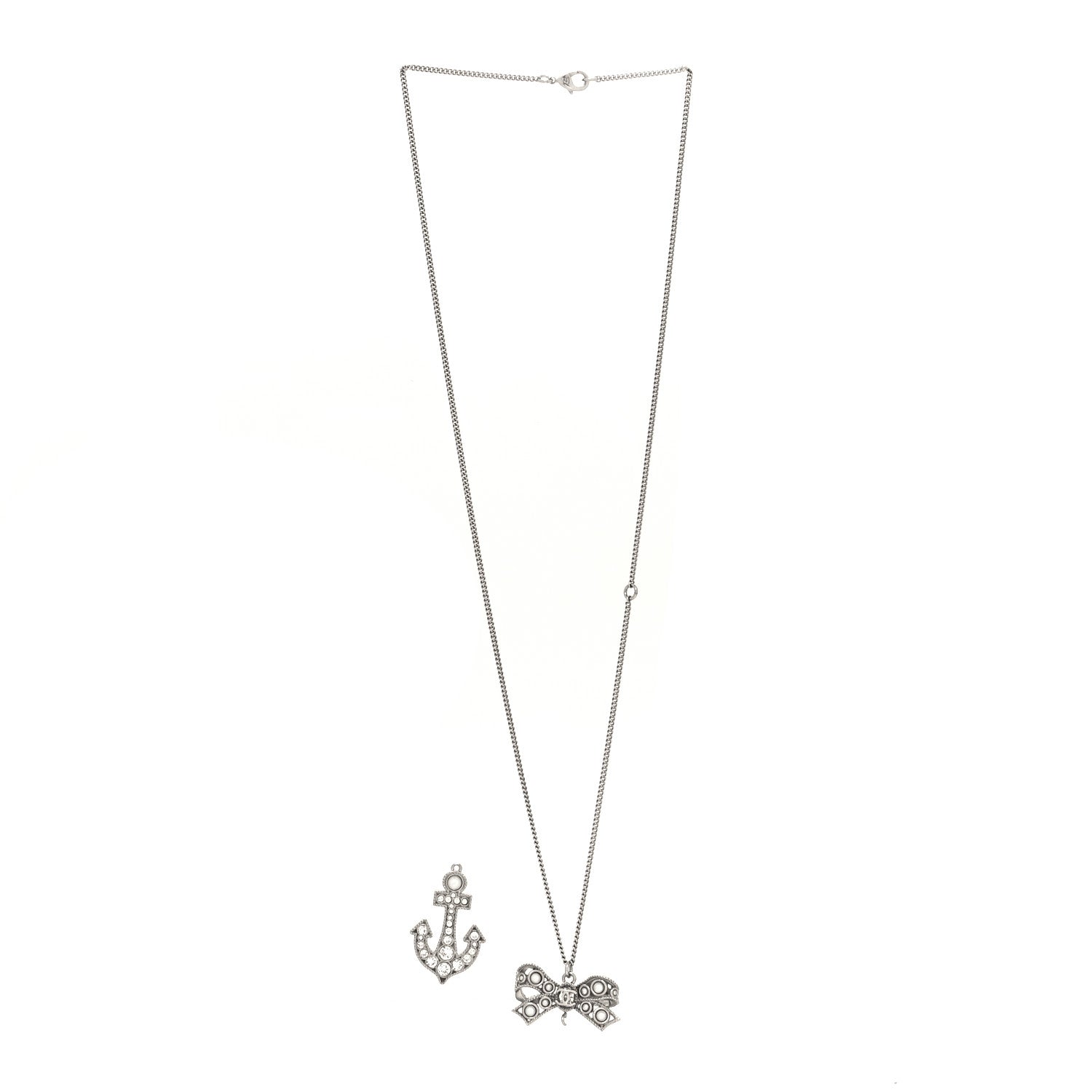 Chanel Crystal Pearl CC Bow Anchor Necklace Silver 3 of 5