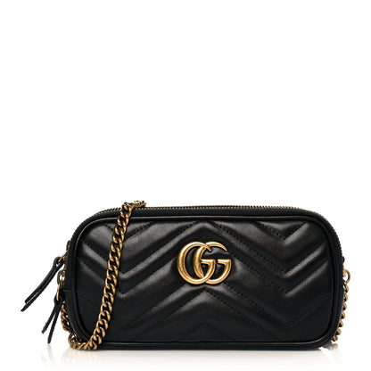 Gucci Calfskin Matelasse Mini GG Marmont Chain Crossbody Bag Black 1 of 13