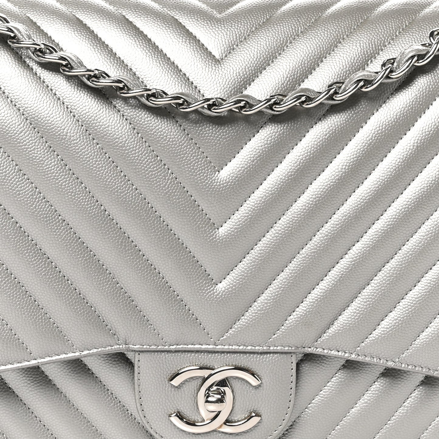 Metallic Caviar Chevron Quilted Maxi Double Flap Silver