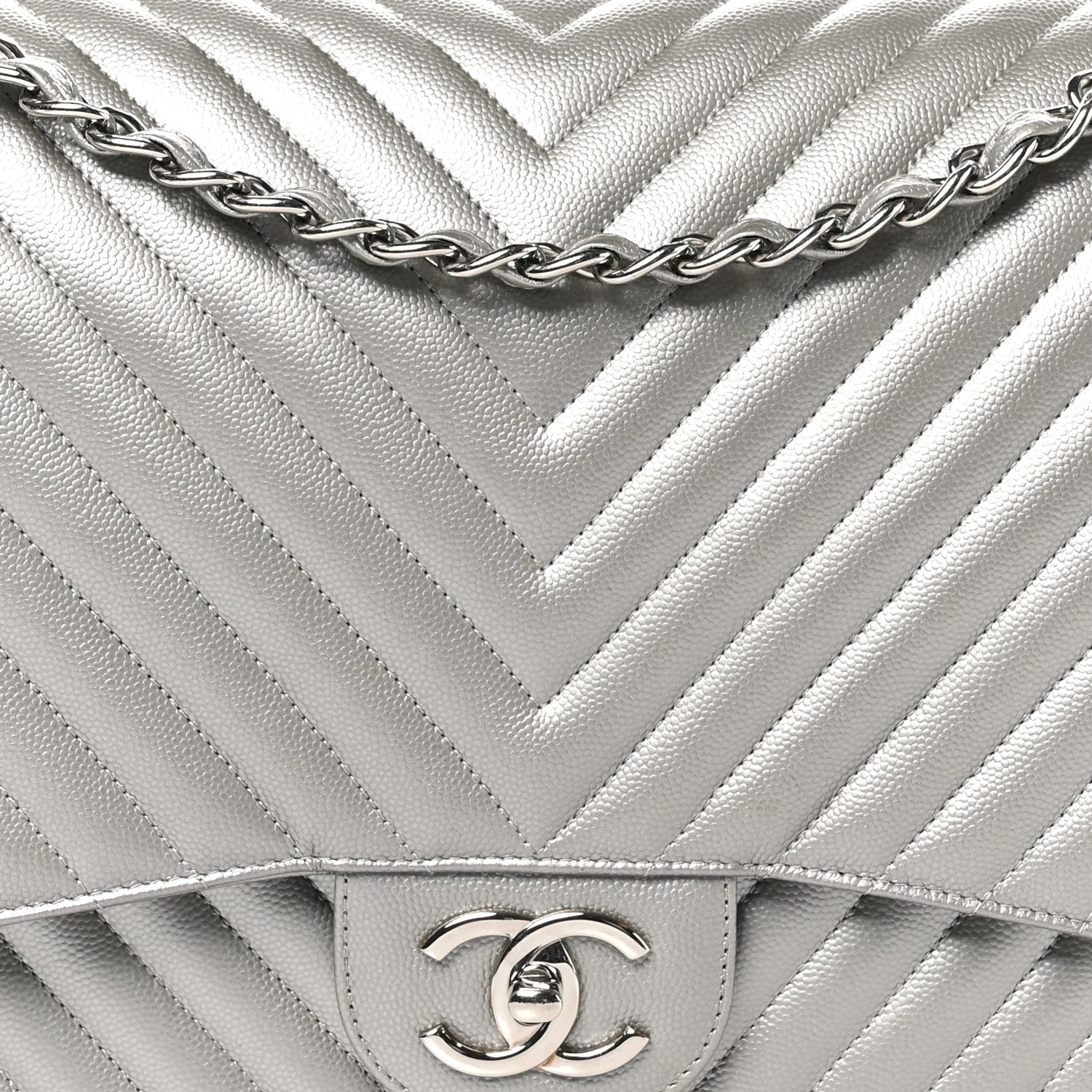 Chanel Metallic Caviar Chevron Quilted Maxi Double Flap Silver 8 of 10
