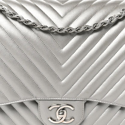 Chanel Metallic Caviar Chevron Quilted Maxi Double Flap Silver 8 of 10