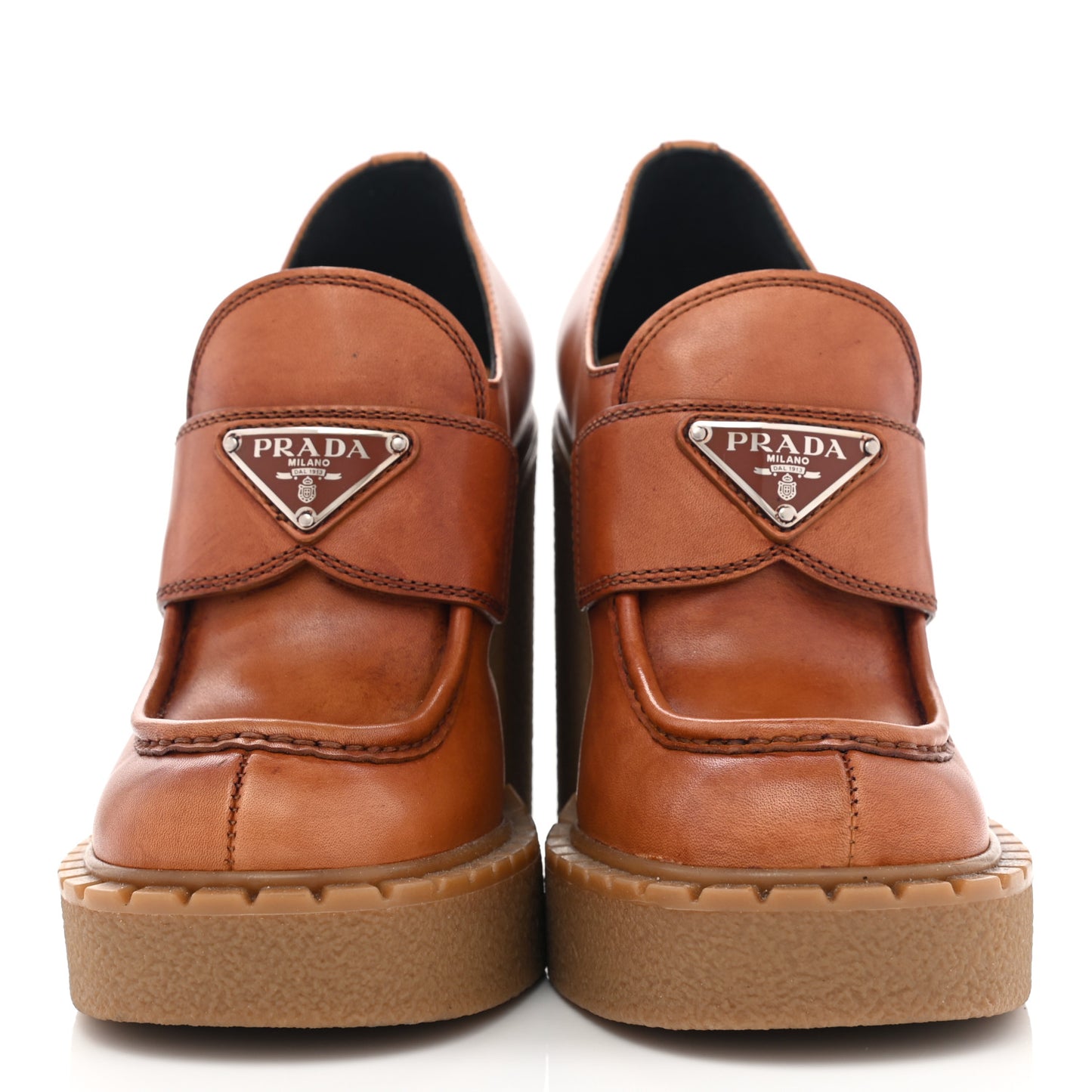 Calfskin Metal Triangle Logo Flow Heeled Loafers 36 Caramel