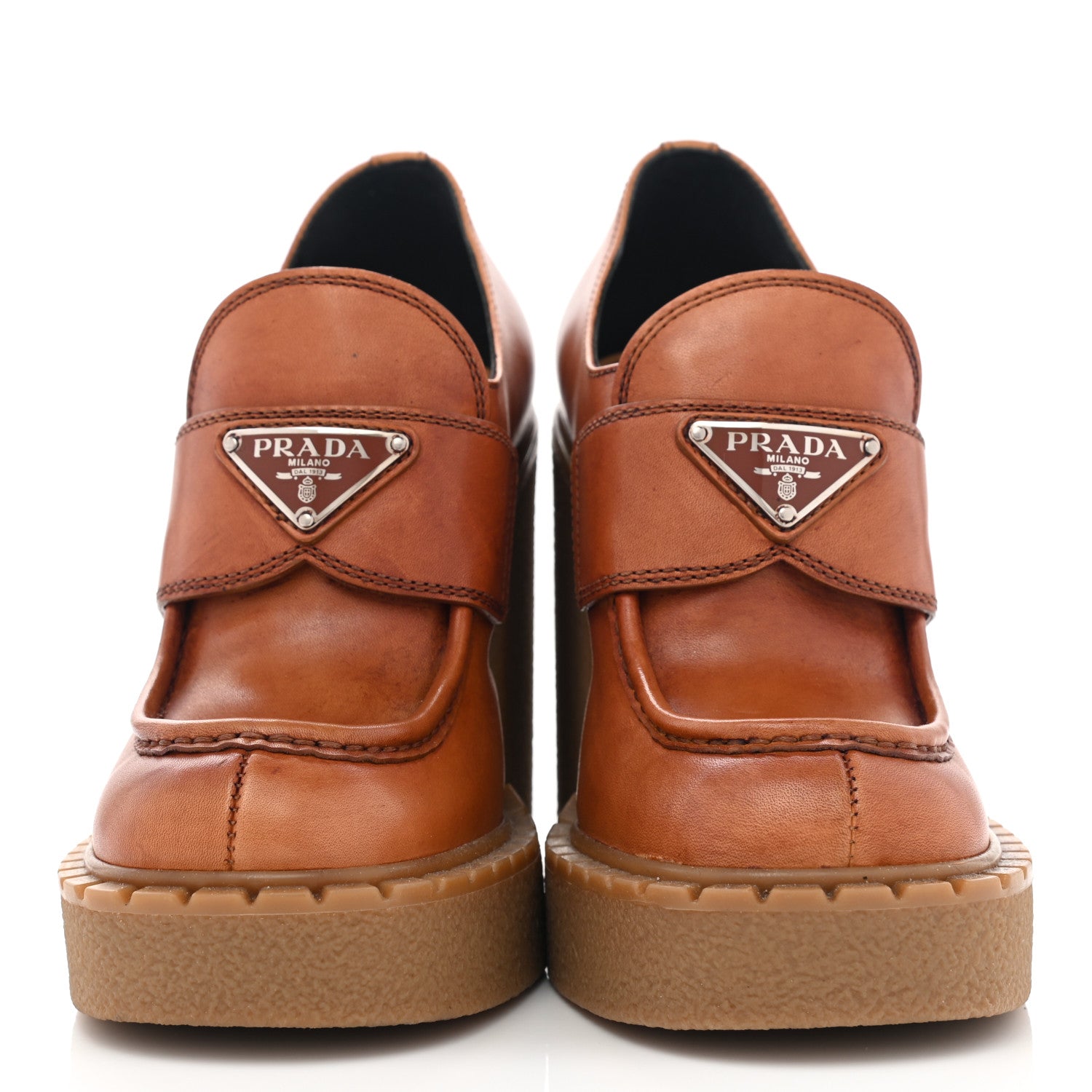 Prada Calfskin Metal Triangle Logo Flow Heeled Loafers 36 Caramel 3 of 18
