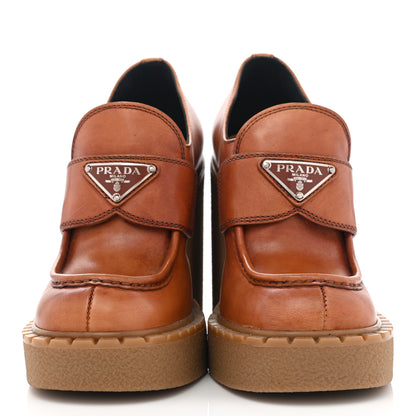 Prada Calfskin Metal Triangle Logo Flow Heeled Loafers 36 Caramel 3 of 18