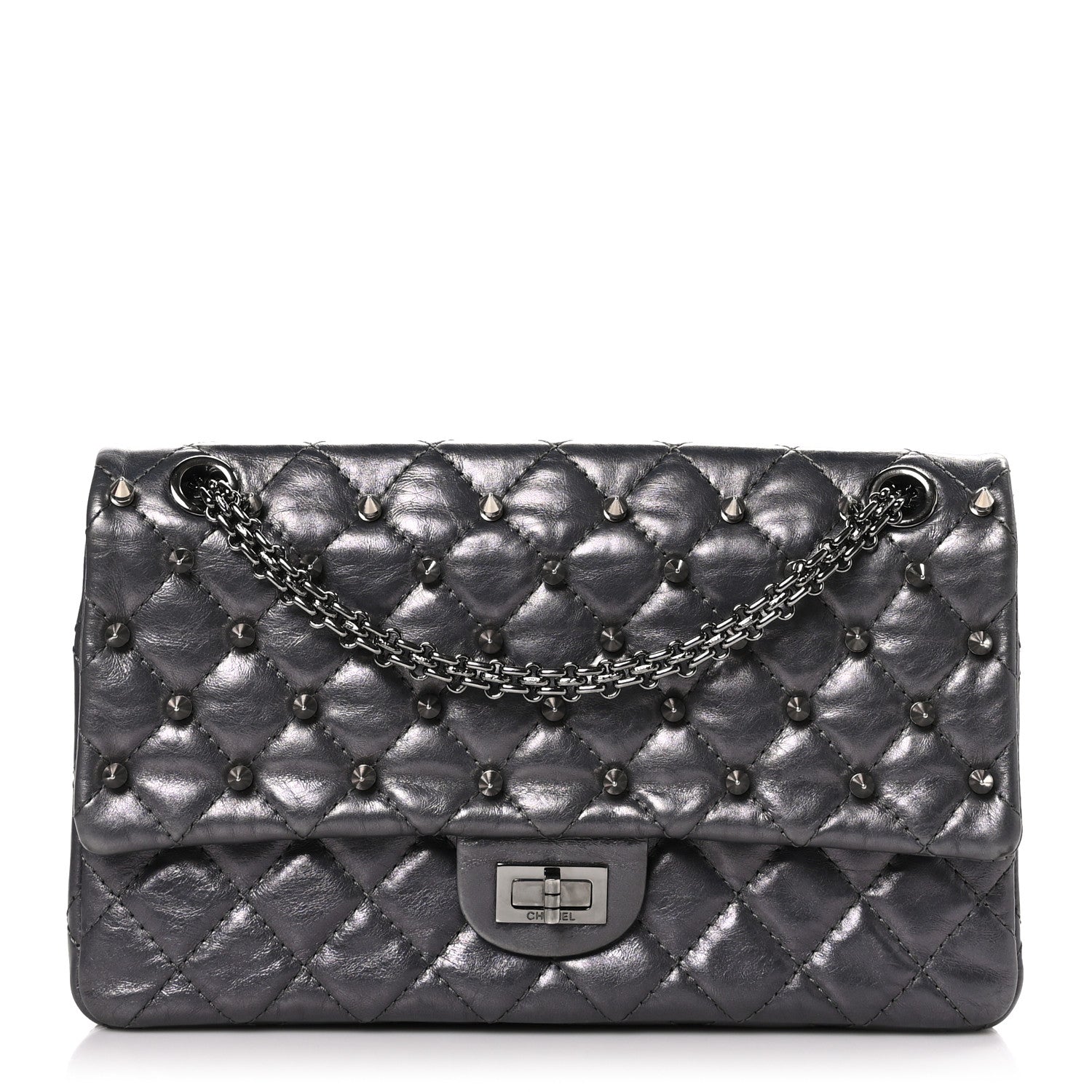 Chanel Metallic Aged Calfskin Quilted Studded 2.55 Reissue 226 Flap Dark Silver 1 of 9