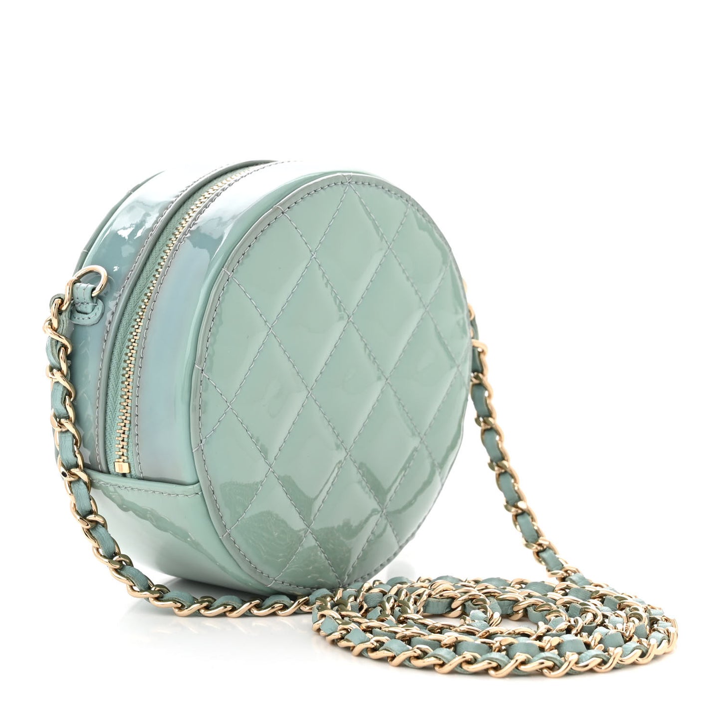 Patent Quilted Round Clutch With Chain Light Blue
