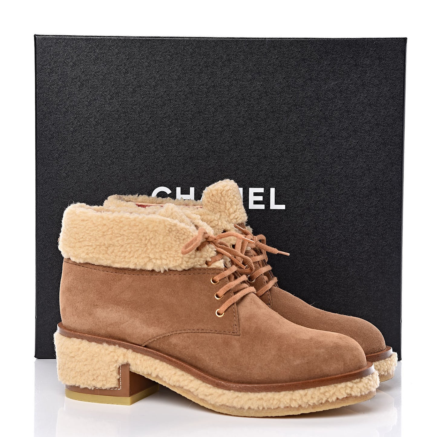 Shearling Suede Calfskin Womens Lace Up Ankle Boots 37.5 Brown Beige