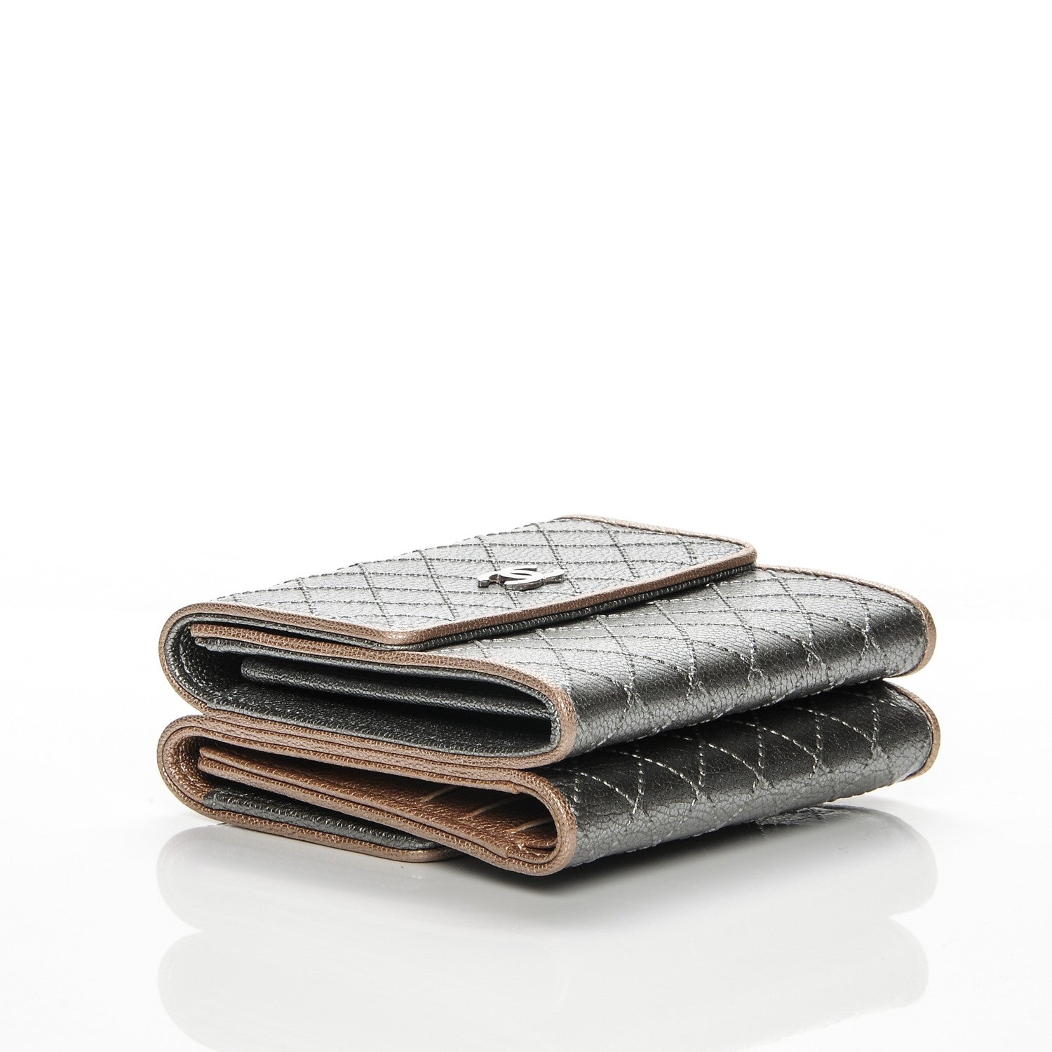 Chanel Metallic Calfskin Diamond Stitched Card Holder Wallet Silver Gold 4 of 8