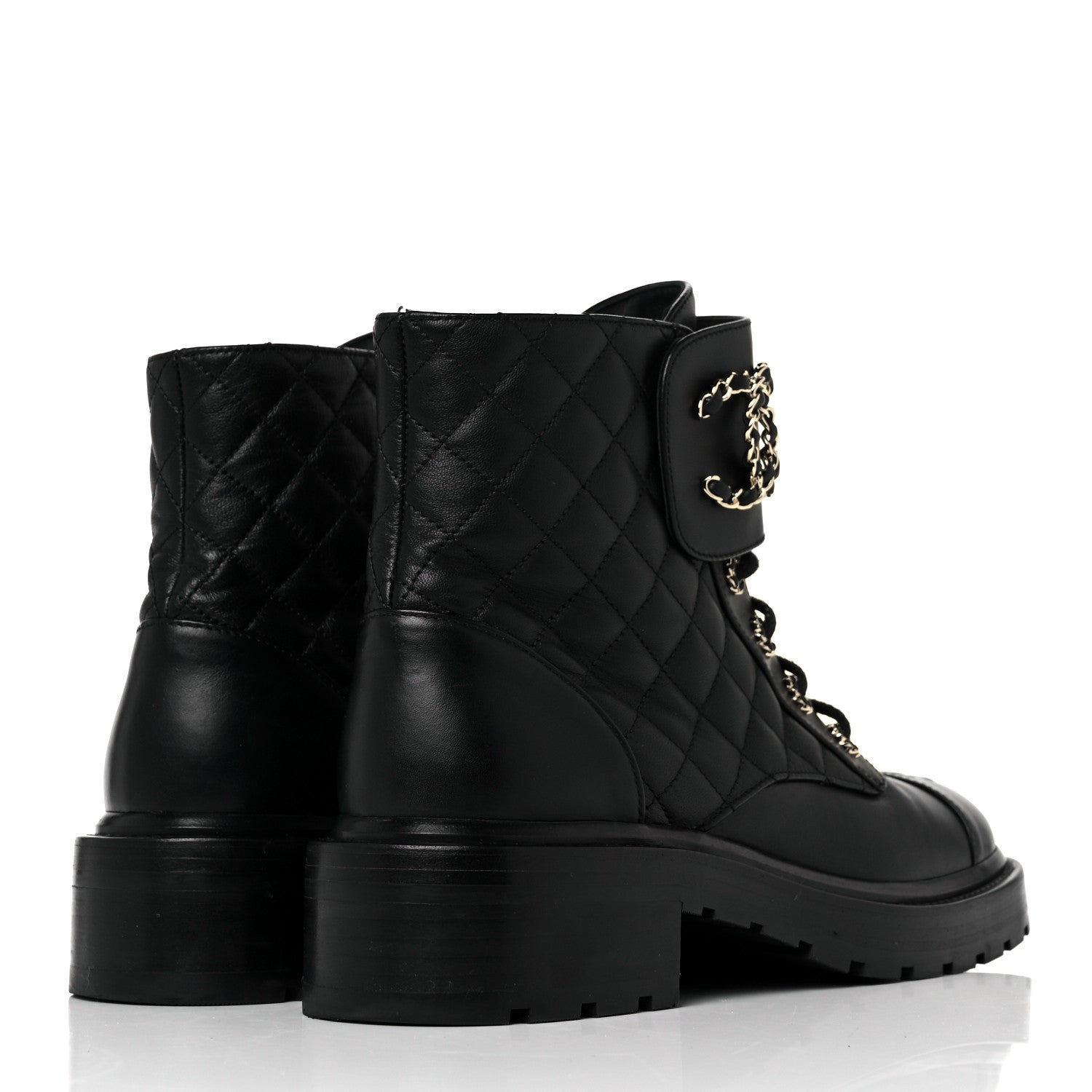 Chanel Lambskin Calfskin Quilted Lace Up Combat Boots 39.5 Black 7 of 16
