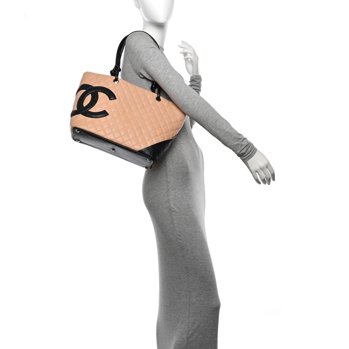 Calfskin Quilted Large Cambon Tote Beige Black