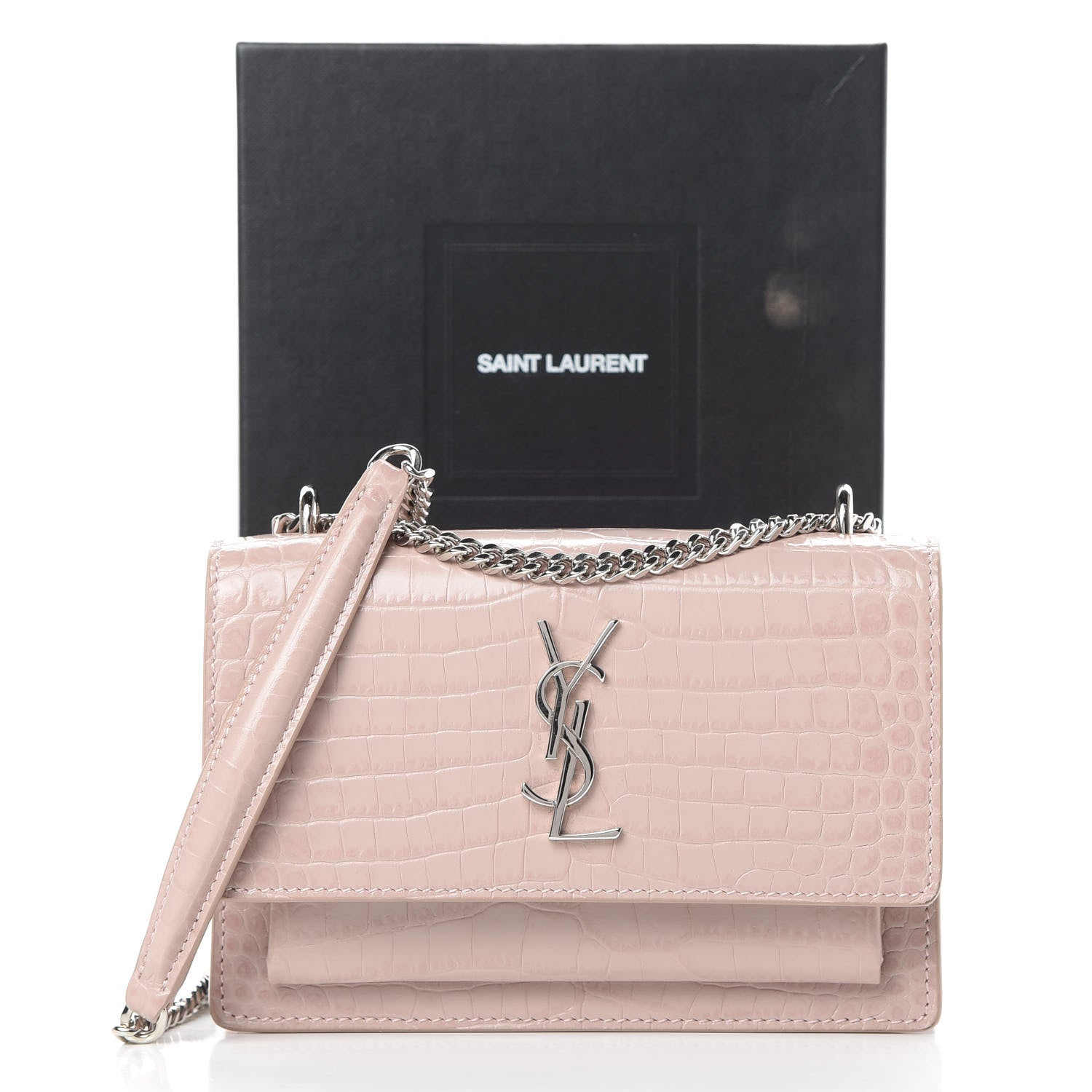 Saint Laurent Calfskin Crocodile Embossed Monogram Sunset Chain Wallet Marble Pink 12 of 12