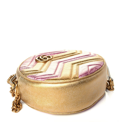 Gucci Metallic Calfskin Matelasse Mini GG Marmont Round Shoulder Bag Gold Pink 4 of 9