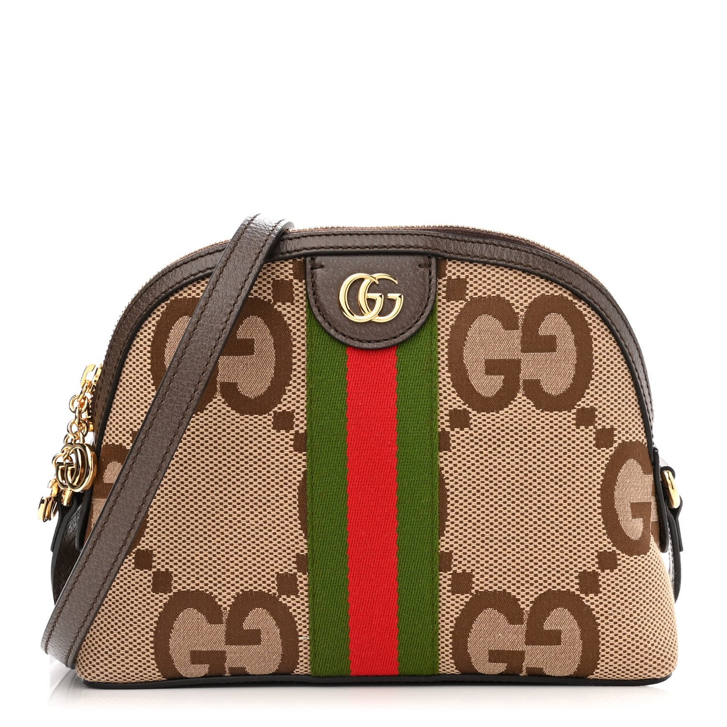 Monogram Jumbo GG Textured Dollar Calfskin Web Small Ophidia Dome Shoulder Bag Camel Ebony New Acero