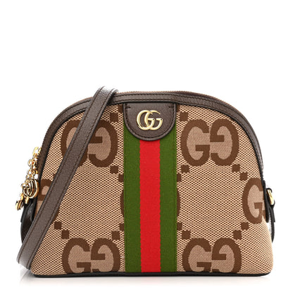 Gucci Monogram Jumbo GG Textured Dollar Calfskin Web Small Ophidia Dome Shoulder Bag Camel Ebony New Acero 1 of 12