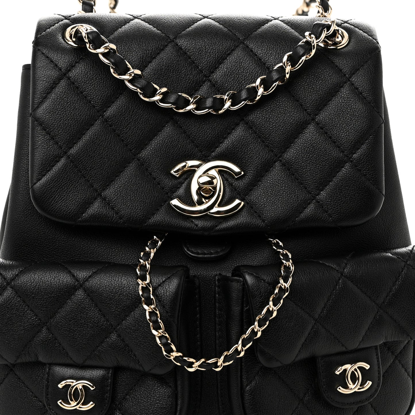 Calfskin Quilted Medium Duma Pockets Drawstring Backpack Black