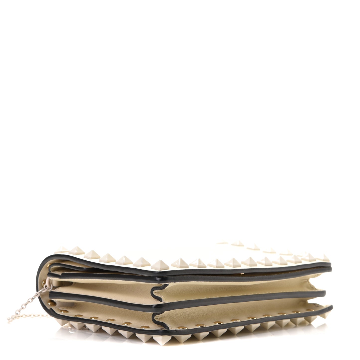 Calfskin Lacquered Monochrome Rockstud Wallet on Chain Ivory